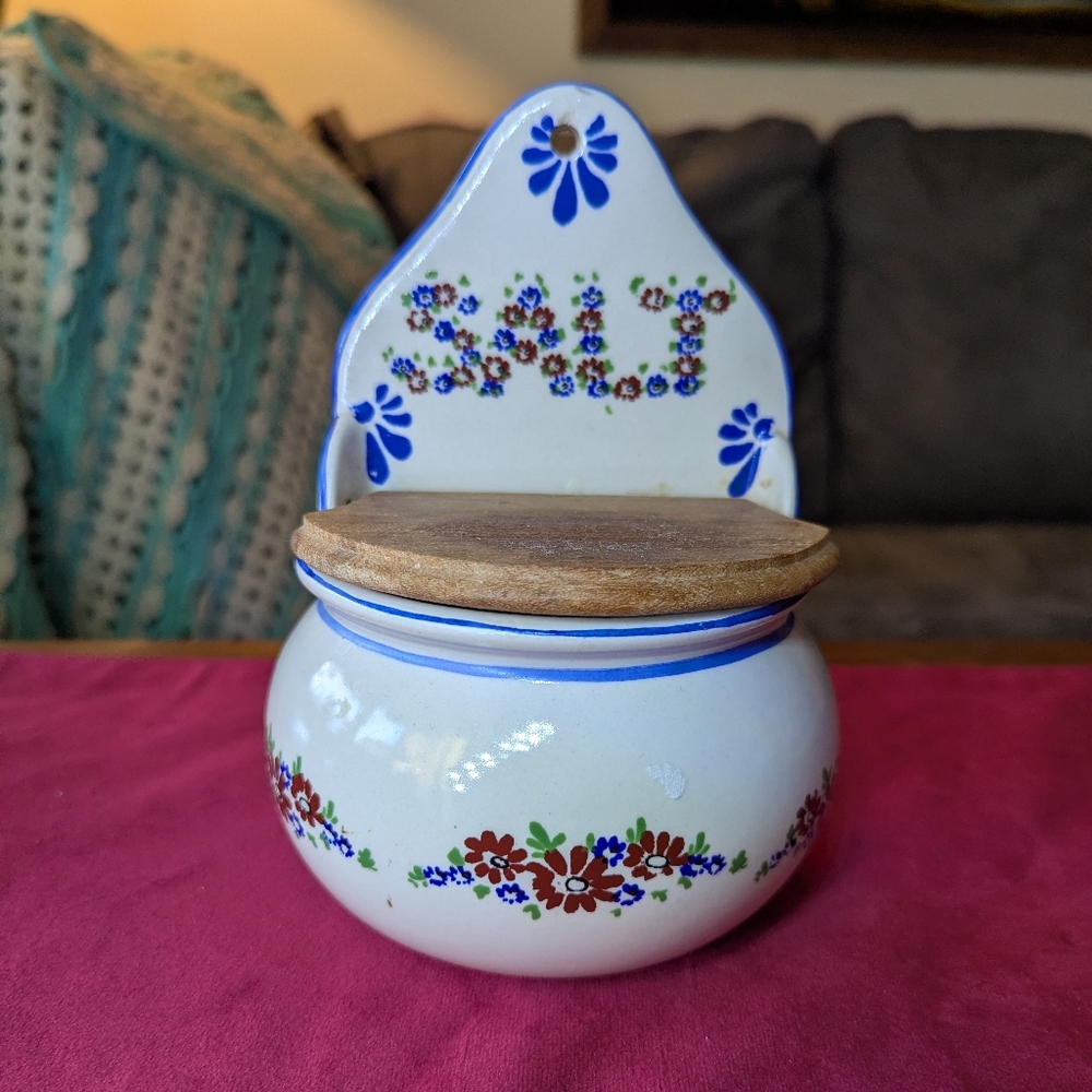 Floral Ceramic Salt Cellar with Wooden Lid